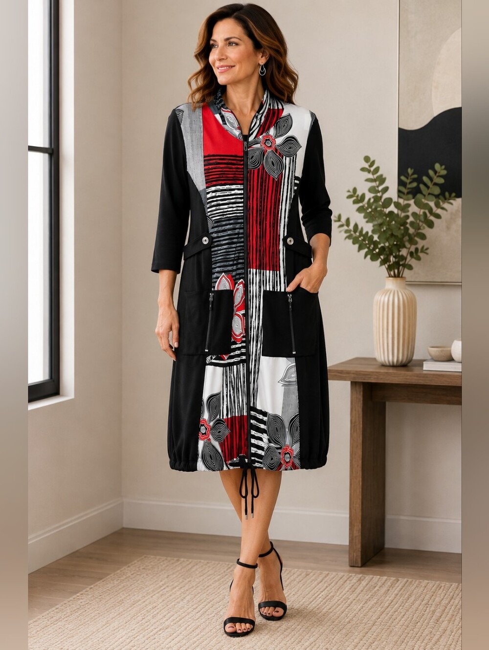 Joseph Black, Red & White Graphic-Panel Midi Dress